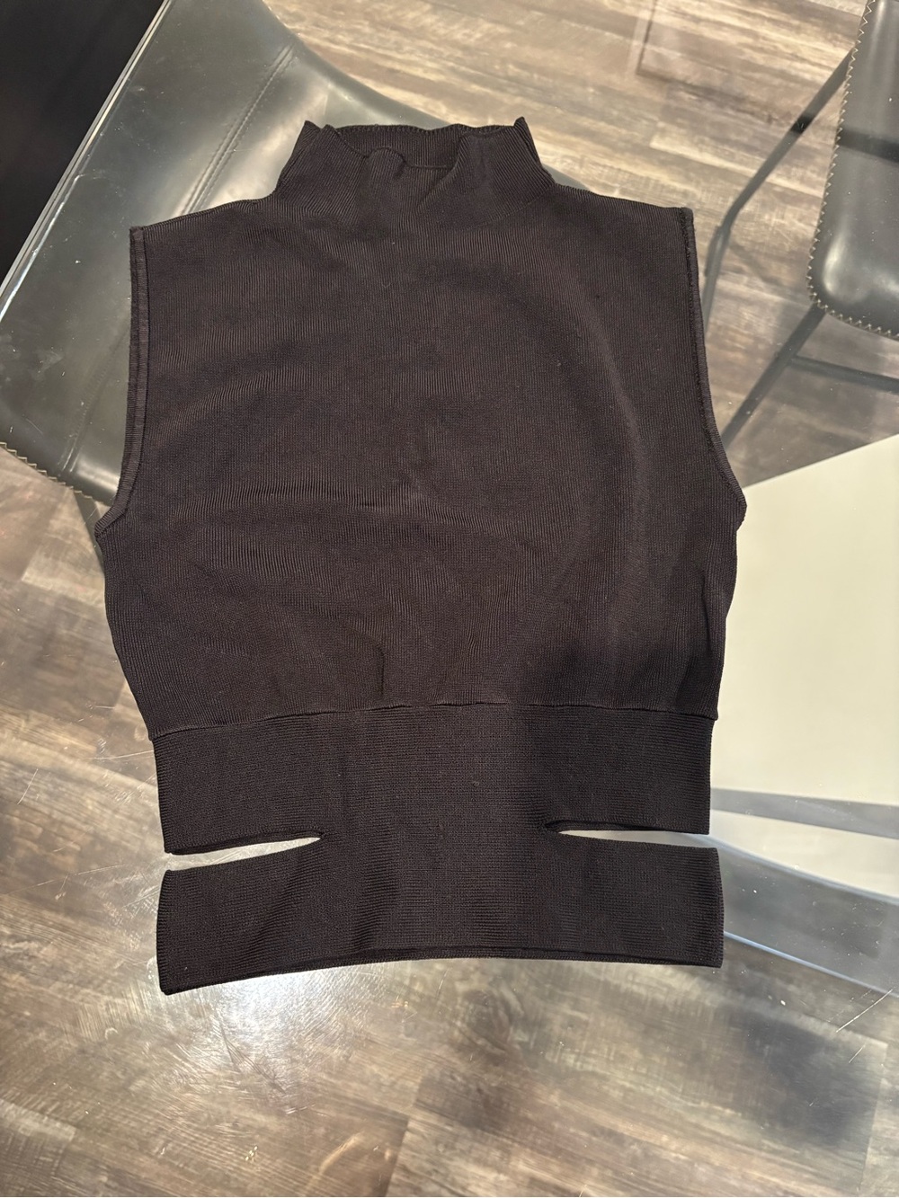 Zara Black Sleeveless Knit Mock Neck Crop Top with Front Cutouts